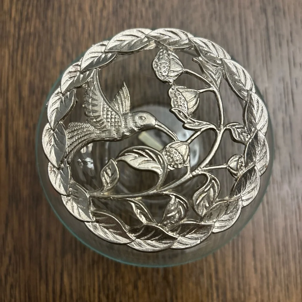Pewter Hummingbird Floral Trinket Dish